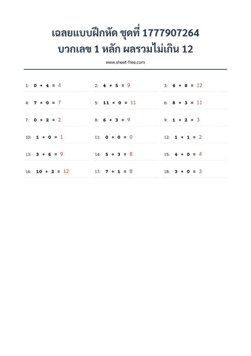 เฉลยแบบฝึกหัด บวกเลข 1 หลัก ผลรวมไม่เกิน 12